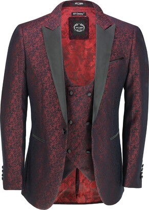 Xposed Men’s Retro Damask Print Dinner Suit Jacket Black Peak Lapel Tailored Fit Tuxedo Blazer & Waistcoat 