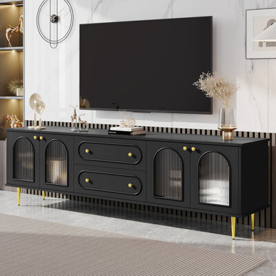 Modern TV Cabinet with Five Metal Legs, 2 Drawers, and 2 Cabinets with Fluted Glass Doors