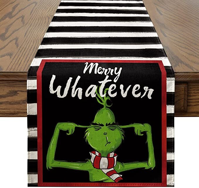 Artoid Mode Grinch Merry Whatever Stripes Christmas Table Runner, Seasonal Winter Xmas Holiday Kitchen Dining Table Decoration for Indoor Outdoor Home Party Decor 13 x 72 Inch