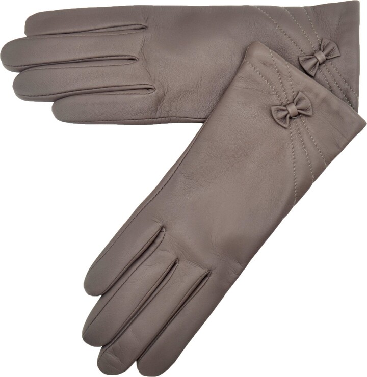 Lambland Ladies Fleece Lined Leather Gloves with Bow in Grey Size