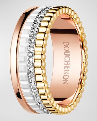 Boucheron Quatre Small Tricolor Gold & White Ceramic Ring with Diamonds, EU 53 / US 6.25