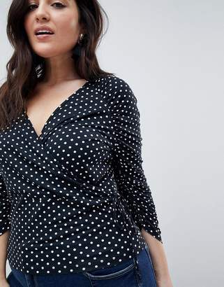 ASOS Curve DESIGN Curve Wrap Top With Tie Side And Ruched Sleeve Detail In Spot Print