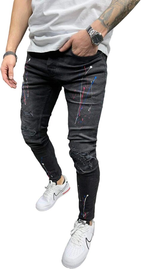 i3ckizce Mens Ripped Denim Jeans Straight Slim Fit Stretch Jeans Stylish Denim  All Waist Jeans for Men Regular Fit Destroyed Jeans Spring and Summer S-3XL  (Black-8851 - ShopStyle