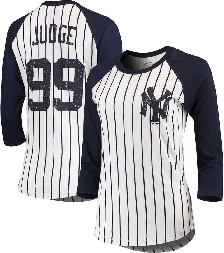 Women's Majestic Threads Aaron Judge White New York Yankees Pinstripe  3/4-Sleeve Raglan Player Name & Number T-Shirt - ShopStyle