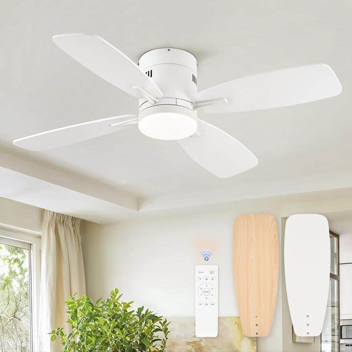 HINNIXY 42 in. indoor Flush Mount Low Profile Matte White Color Changing LED Ceiling Fan with Light Kit and Remote Control