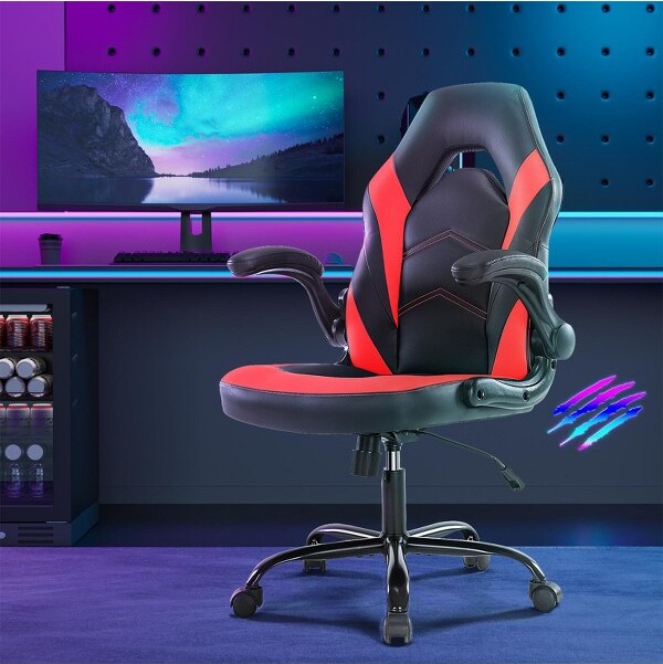 CAVINAS LLC CAVINASPULeatherSwivelOfficeChaironWheelswithS-ShapedBackrestGamingChairwithLumbarSupportComputerChairforOfficeRed
