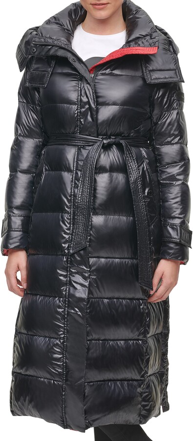 Karl Lagerfeld Paris Water Resistant Belted Down & Feather Puffer Coat with  Detachable Hood - ShopStyle