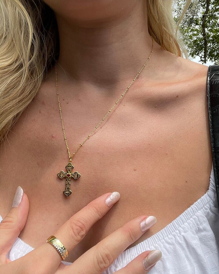 Gold French Cross Necklace Rococo Marie Antoinette Style, Plated Vermeil