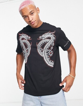 Bershka oversized dragon back print t-shirt in black - ShopStyle