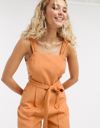 Topshop linen jumpsuit with tie waist in apricot