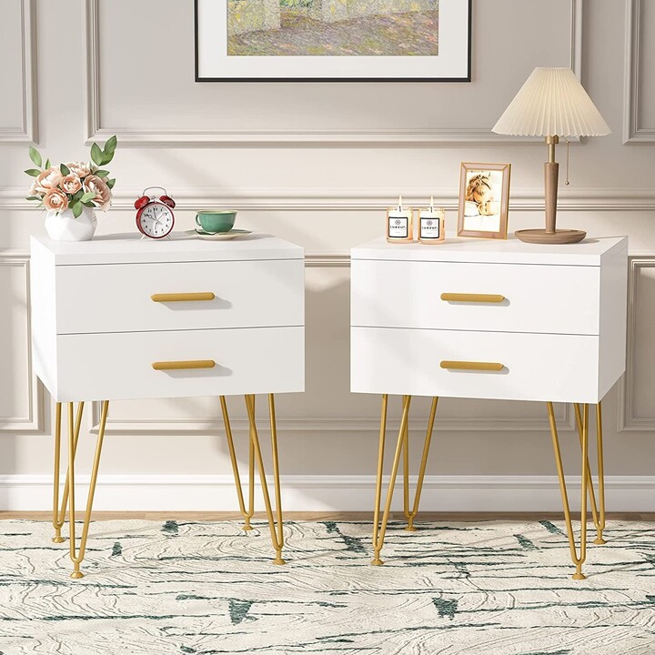 Bluebell 2Drawer Nightstand, 26'' Tall Modern White Gold Bed Side Table ShopStyle