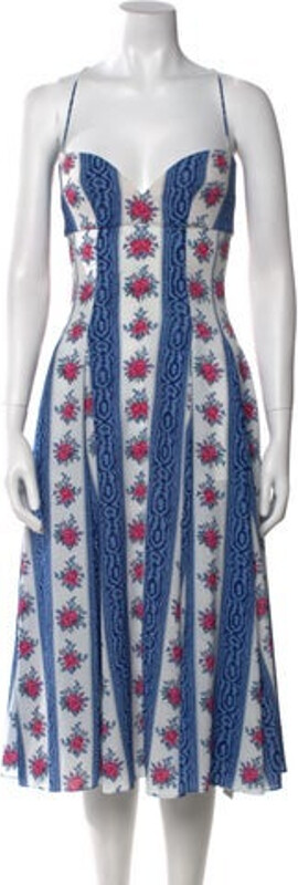 Emilia Wickstead A-Line Dress Blue Floral Print Sleeveless with Square Neckline Concealed Zip Closure at Back
