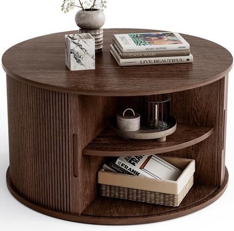 WESTWAY LINSY HOME Round Coffee Table, 31.5' Drum Coffee Table with Sliding Tambour Door, Fluted Accent Center Table with Storage, Mid Century Modern...