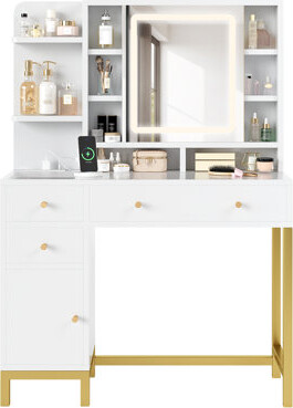 Vanity Desk with Lights, Makeup Vanity Desk, 3 Color Lighting Modes, Vanity Table with Drawers and Cabinets, Dressing Table with LED