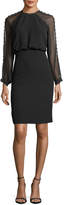 Badgley Mischka Sheer Button-Detail Long-Sleeve Dress