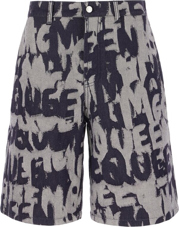 Alexander McQueen Graffiti Printed Bermuda Denim Shorts