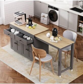 Maison Boucle 74.5 Kitchen Island With Pull Out Dining Table Rolling Storage Cart With 2 Drawers Cabinets Spice Rack Maison Boucle