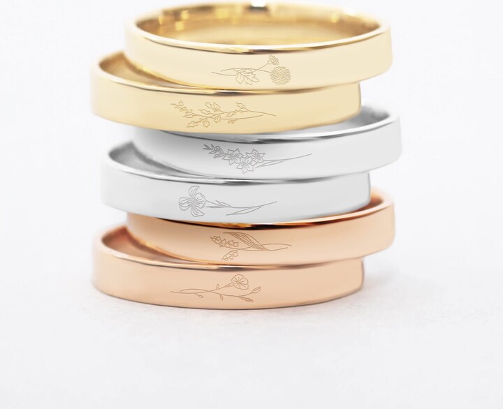 Etsy Personalized Birth Flower Ring 14K 18K Solid Gold, Floral Ring, Custom Name Date Engraved Memorial Christmas Gifts