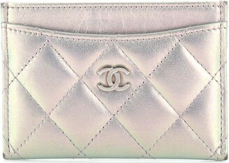 CHANEL Card Holder ID Wallet Metallic Gunmetal Quilted Leather Case Silver  CC