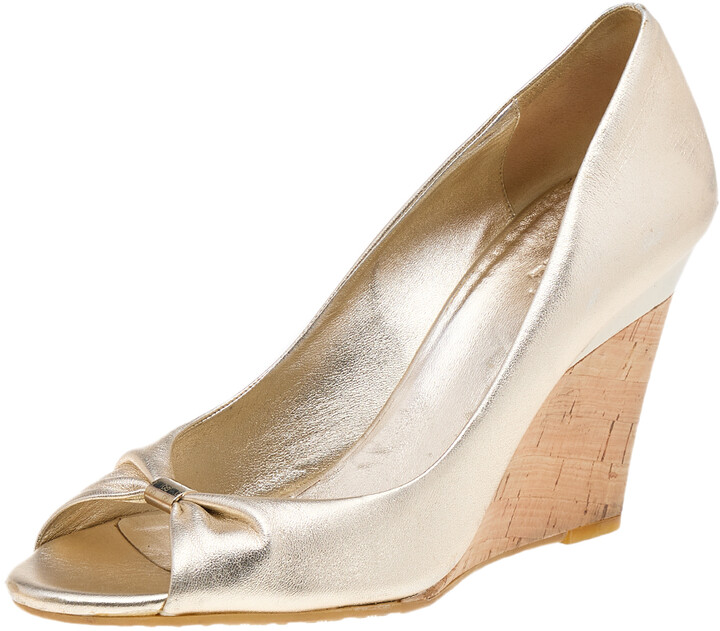 Gucci Metallic Gold Leather Cyprus Cork Wedge Open Toe Pumps Size 37.5 -  ShopStyle