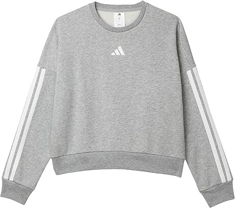 Adidas Originals Kids 3-Stripes Crew Neck Heather Fleece Pullover (Big Kid) Girl's Sweatshirt Medium Grey Heather : XL (18-20 Big Kids)