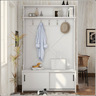 Hall Tree With Top Shelf And Storage Bench, Hallway Shoe Cabinet With Sliding Doors, Coat Rack With 5 Hanging Hooks For Entryways Hallways