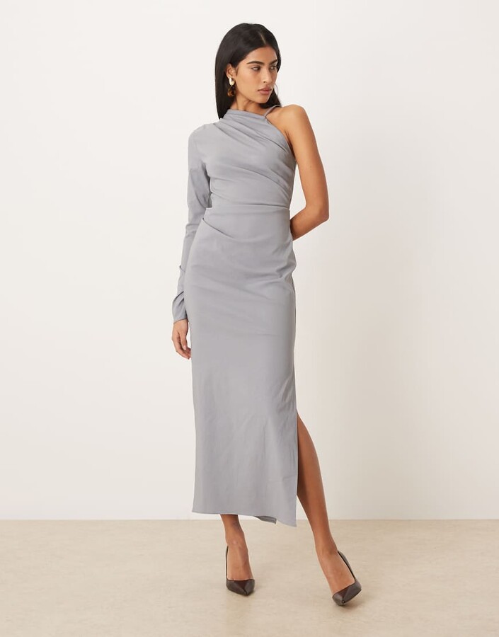 ASOS DESIGN one-shoulder draped midi dress in gray