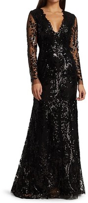 Naeem Khan Plunging Sequin Lace Long Sleeve Gown