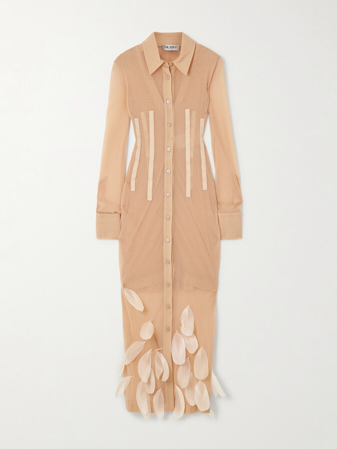 ATTICO Grosgrain And Feather-trimmed Tulle Midi Shirt Dress - Pink