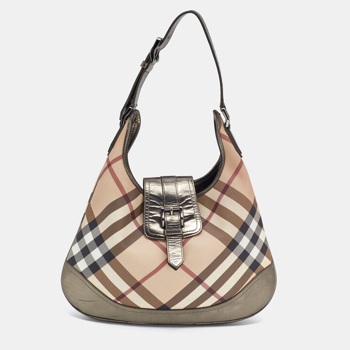 Burberry Metallic/Grey Beat Check Canvas and Leather Drawstring Hobo  Burberry