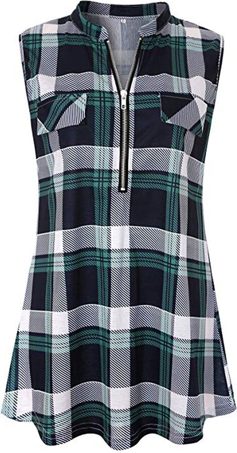 Cyanstyle Womens V Neck Zip Up Casual Tank Top Flaps at Chest Sleeveless Tunic