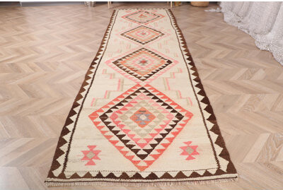 Bungalow Rose Handcrafted Vintage Turkish Kilim Runner Rug with Geometric Tribal Design for Boho Home Decor
