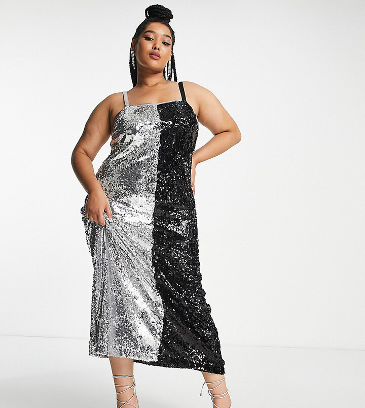 Extro & Vert Plus contrast cami maxi dress in silver and black sequin ...