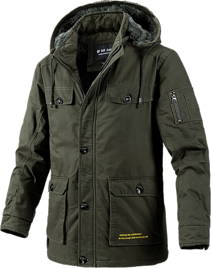MAGCOMSEN Men's Winter Cargo Work Jacket Fleece Lined Thicken Military  Jacket with Removable Hood