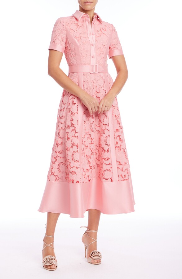 Belted Floral Lace & Mikado Cocktail Dress