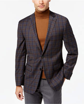 Vince Camuto Men's Slim-Fit Gray/Brown/Blue Multi-Plaid Wool Sport Coat