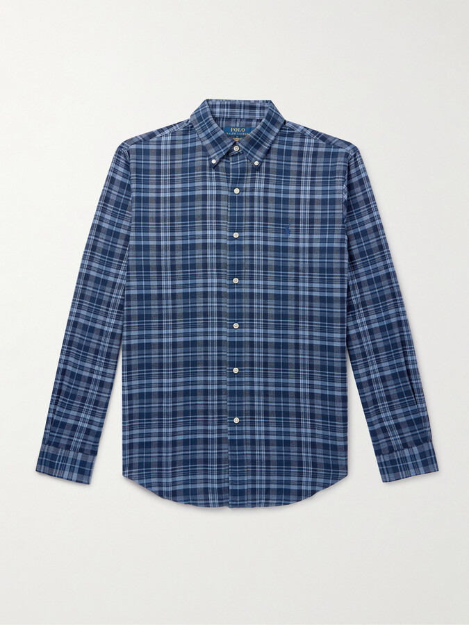 Polo Ralph Lauren Button-Down Collar Logo-Embroidered Checked Cotton-Blend Flannel Shirt