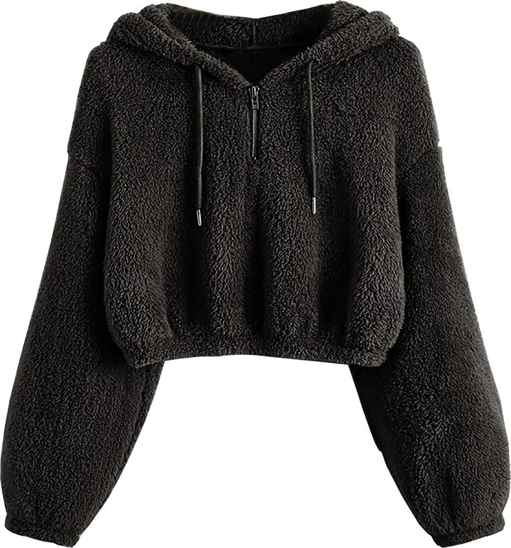 HXZH Women Fluffy Fleece Hoodies Crop Tops Teddy Bear Plain Hooded
