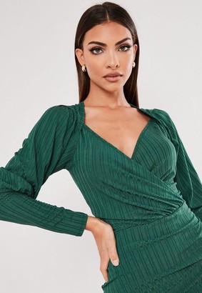 Missguided Recycled Petite Green Ribbed Wrap Midi Dress
