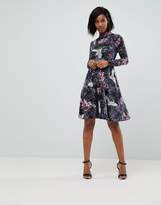Thumbnail for your product : Club L High Neck Long Sleeve Printed Dress with Button Open Back Detail