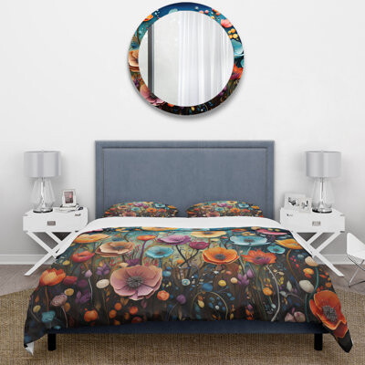 Design Art Colorful Wildflowers Whimsical Blooms - Floral Duvet Cover Set - Microfiber Polyester