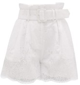 Thumbnail for your product : Self-Portrait High-rise Belted Lace-overlay Shorts - White