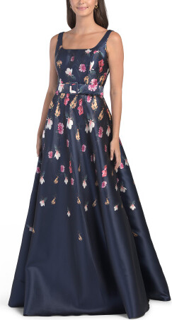 TJMAXX Sleeveless Floral Mikado Gown With Belt For Women, Polyester