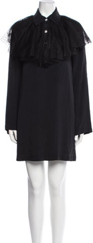 Au Jour Le Jour Shift Dress Blue Long Sleeve with Collar Button Closure at Front