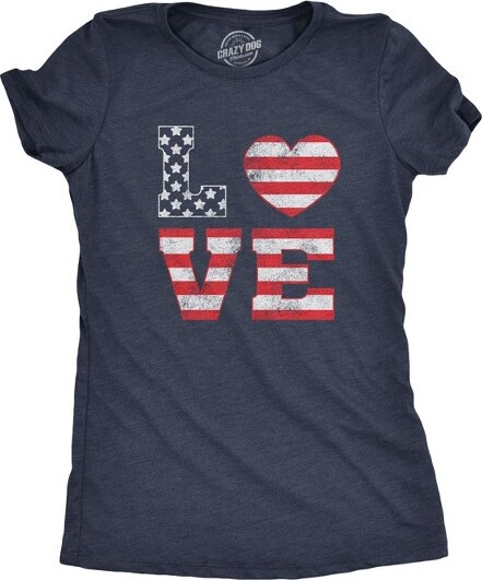 Crazy Dog T-Shirts, Inc. WomensLoveAmericanFlagTShirtCutePatrioticRedWhiteandBlueTee-CrazyDogWomen'sTShirtForFourthOfJulyNavyM