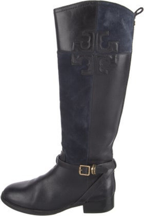 Tory Burch Leather Knee-High Riding Boots Black & Blue Round-Toes Wrap-Around Straps & Exposed Zip Closure at Sides Includes Box Designer