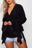 Thumbnail for your product : boohoo Plus Spot Print Ruffle Tie Blouse