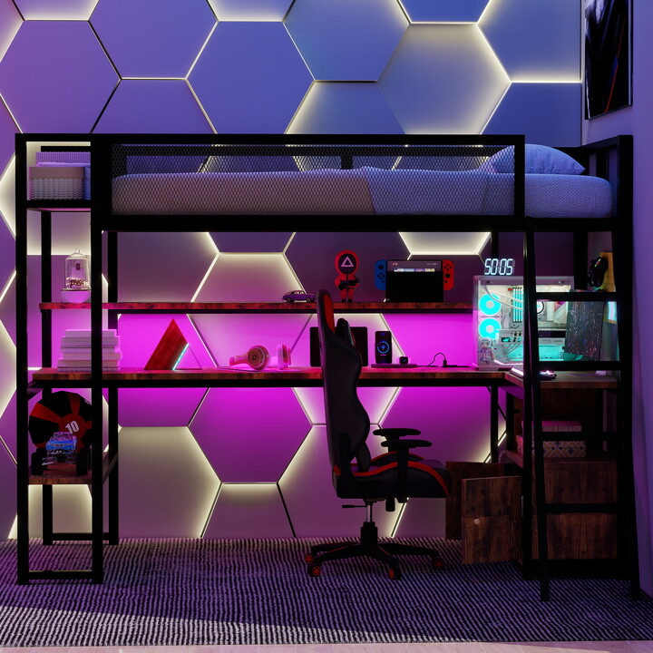 Euroco Metal Twin Size Loft Bed with Desk and Shelves, Storage Cabinet and LED Light, USB Charging Gaming Bed for Kids Teens, Black