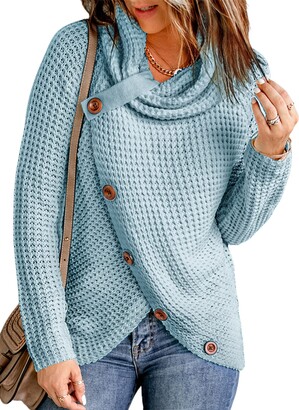 Itsmode Cowl Neck Knit Sweaters for Women Oversize Comfy Cable Knit Asymmetrical Wrap Pullover Sweater Button Winter Warm Army Green Sweater XX-Large
