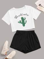 Thumbnail for your product : Shein Letter And Cactus Print Tee & Shorts